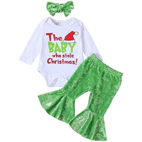 Muasaaluxi Newborn Baby Girl Christmas Outfit The Baby Who Stole Christmas Romper Shirts Flared Pants Headband Set 0-18M
