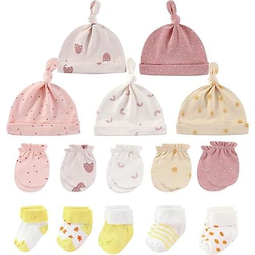 Newborn Baby Boy Girl Caps Mittens Socks Set Cotton Baby Essentials Accessories (Hats+Gloves+Socks)