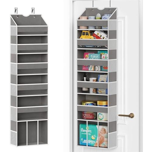 Over The Door Organizer Hanging - 6 Shelf Over Door Organizers with 6 Clear Front & 12 Side Pockets - Swing-proof 50LB Load Behind Door Storage for Closet Bedroom Bathroom Nursery Baby Essentials