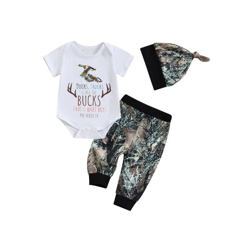 Mevireiy Duck Hunting Baby Boys 3 Pcs Outfits Newborn Short Sleeve Romper Tops Elastic Waist Shorts
