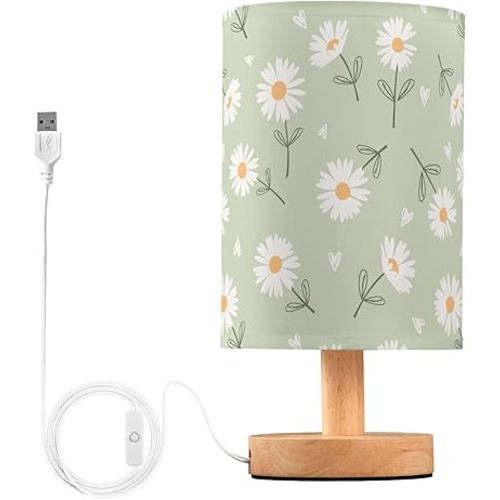 Daisy Flower Heart Bedside Table Lamp Nightstand Lamp with Wood Base Night Light Linen Fabric Shade for Bedroom Living Room Nursery Office Desk