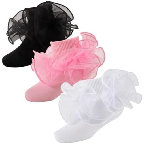 Baby Girls Ruffle Socks 2-Layer Lace Frilly Turn Cuff Fancy Dress Socks Toddler Girl Preemie Newborn Infant Kids
