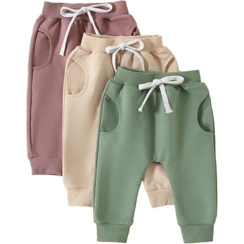 Baby Boys' 3-Pack Pull-on Jogger Pants Girls' Knit Pants Classic Fit Elastic Waist Toddler Pants Infant Long Pants - 0-6 Months - Green Apricot Purple