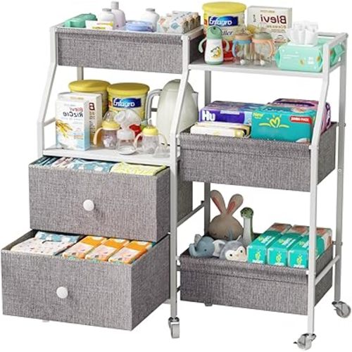 DTK Baby Diaper Caddy Organizer, 3 Tier Rolling Diaper Cart with Dividers and Drawers, Mobile Utility Baby Storage Cart with Wheels, Baby Newborn Essentials for Nursery, Bedroom, Charging Table，Crib