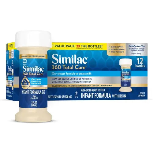 Similac 360 Total Care Infant Formula, Has 5 HMO Prebiotics, Our Closest Prebiotic Blend to Breast Milk, Non-GMO,‡ Baby Formula, Ready to Feed, 2-fl-oz Bottle, Pack of 12