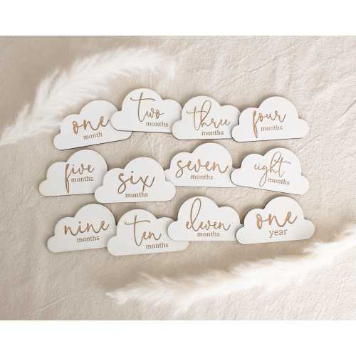Monthly Cloud Milestone Markers Personalized, 3D Engraved Monthly Baby Discs, Wooden Milestone Cards, Baby Monthly Sign Set for Photo Prop