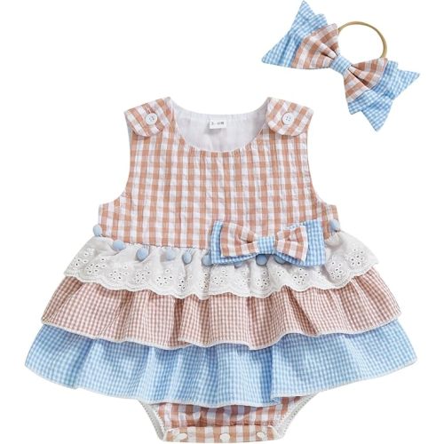 Newborn Infant Baby Girl Clothes Sleeveless Plaid Romper Dress Bow Layer Tutu Dresses Bow Headband Summer Bodysuit