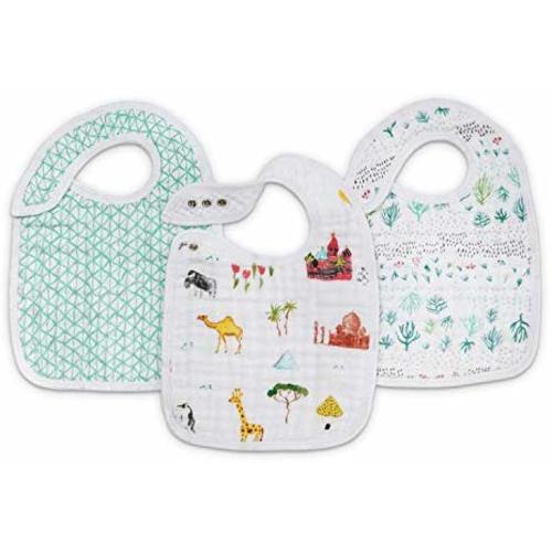 aden + anais Classic Snap Bib, 100% Cotton Muslin, Soft Absorbent 3 Layers, Adjustable, 9” X 13”, 3 Pack, Around The World - Around the World