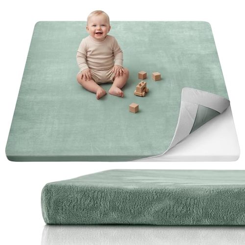 Blissful Diary 1.3" Thick Baby Play Mat, 50x50 Playpen Mat with Removable & Washable Cover, Ultra Soft Crawling Rug for Floor, Foam Cushion & Non-Slip Backing for Kid, Toddler and Infant, Sage Green