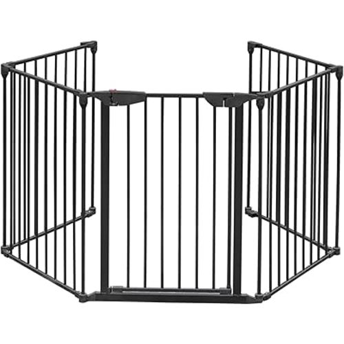 Bonnlo 120 Inches Wide Configurable Baby Gate Fireplace Safety Fence/Guard Adjustable 5-Panel Metal Play Yard for Toddler/Pet/Dog Christmas Tree Fence, Includes 4 Pack of Wall Mounts, Black