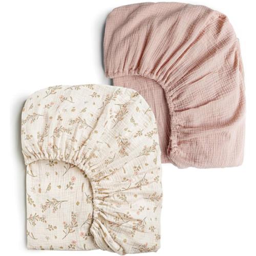 Konssy Muslin Crib Sheets for Girl Boy, 2 PCS Soft and Breathable Cotton Baby Sheets for Standard Crib Mattress, 52"x 28" (Blossom, Cream)