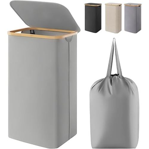 Lifewit 100L Laundry Basket with Lid, Clothes Hampers for Laundry with Bamboo Handles and 1 Removable Bag, Large Foldable Laundry Hamper for Bedroom, Bathroom, Dorm, Laundry Room, Silver Grey