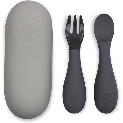 TUM TUM Baby Cutlery Set With Case, Spoon & Fork for Self Feeding, Silicone, 6 Months Plus (Grey)