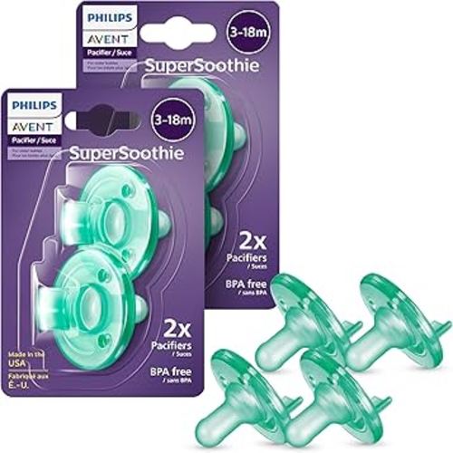 Philips Avent Soothie Orthodontic Baby Pacifiers, 100% Silicone Pacifiers, One Piece, BPA-Free, For Babies 3-18 Months, Green, 4 Pack, Model SCF192/45