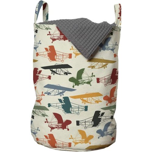 Lunarable Vintage Airplane Laundry Bag, Colorful Aircraft Concept Silhouettes on Beige Background Aviation Theme, Hamper Basket with Handles Drawstring Closure for Laundromats, 13" x 19", Beige Green