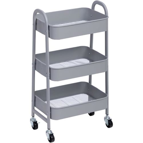 AGTEK Rolling Organizer Cart, 3 Tier Metal Utility Cart, Grey