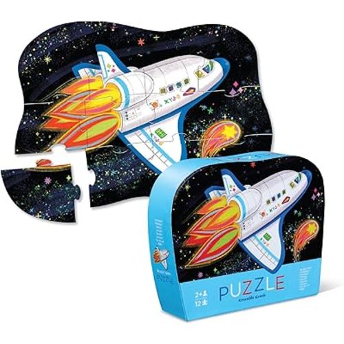 Crocodile Creek 12-Piece Mini Jigsaw Puzzle - Fun Floor Puzzles for Kids Ages 2-4 and Up - Heavy-Duty Shaped Box for Storage - Blast Off - 12" x 9" Finished