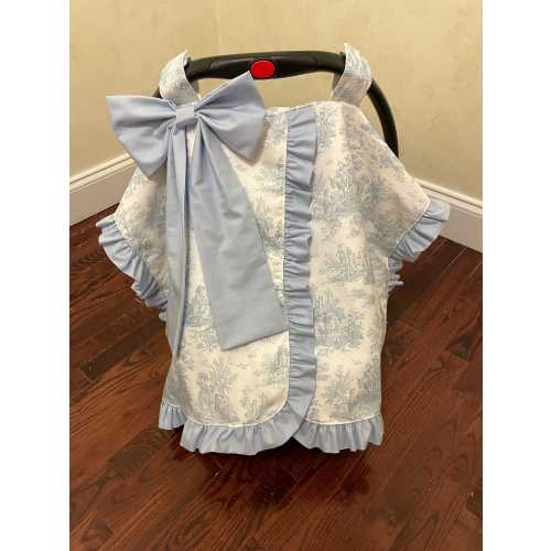 Choose Your Color Toile Car Seat Canopy with Large Bow and Ruffle, Monogrammed Car Seat Tent, Personalized Baby Shower Gift