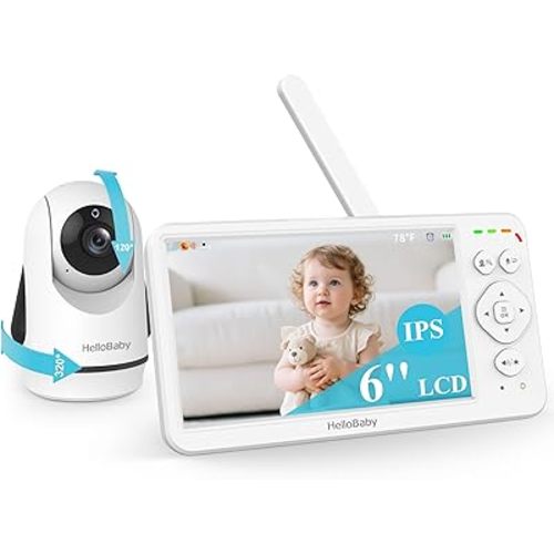 HelloBaby Baby Monitor with Camera and Audio, Large 6'' Video Baby Monitor No WiFi,30-Hour Long Battery, 320° Pan-Tilt Camera with 2X Zoom, Night Vision, 2-Way Talk,ECO,1000ft, Portable, 150 Languages