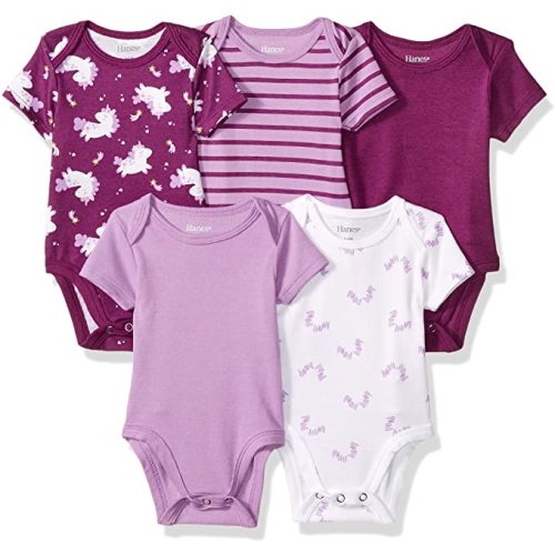 Hanes Baby Bodysuits, Ultimate Flexy Short Sleeve for Boys & Girls, 5-Pack - Purple Fun