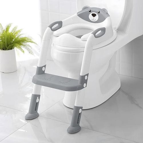 Potty Training Seat ,SKYROKU Potty Training Toilet with Step Stool Ladder, for Kids Boys Girls Toddlers - Comfortable Safe Potty Seat with Anti-Slip Pads Ladder (8838-Grey)