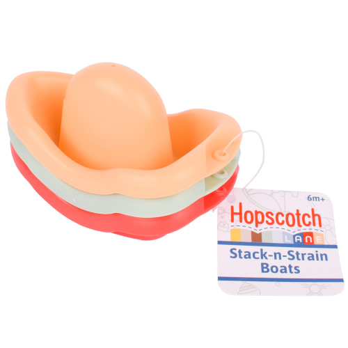 Hopscotch Lane Stack-n-Strain Boats - 3 Pack Boat Train Bath Toy Set, Baby and Toddler 6+ Months