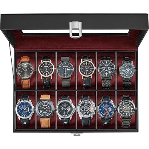 SONGMICS Watch Box, 12-Slot Watch Case with Large Glass Lid, Removable Watch Pillows, Watch Box Organizer, Gift for Loved Ones, Black Synthetic Leather, Wine Red Lining UJWB120R01