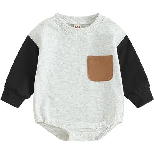 Dourbesty Infant Baby Boy Fall Outfit Bubble Romper Onesie Oversized Bodysuit Color Block Jumpsuit One Piece Clothes