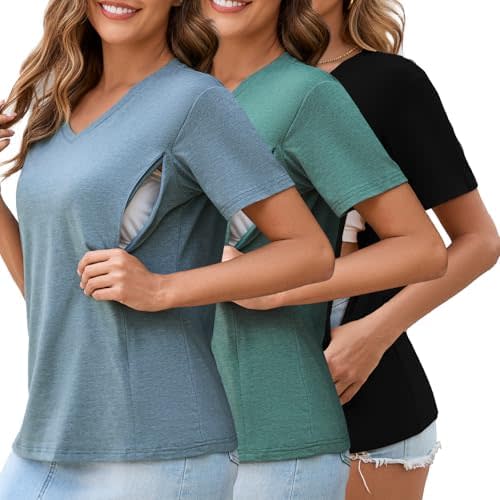Ecavus Camisas de lactancia para mujer, paquete de 3 camisas de lactancia materna con cuello en V con cremallera oculta, manga corta, ajuste holgado
