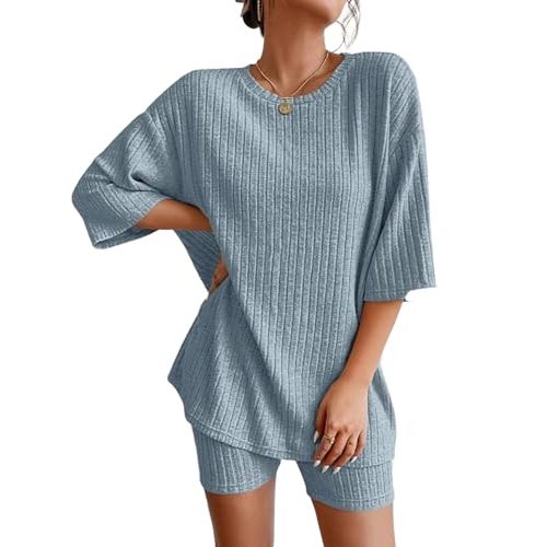 Ekouaer 2 Piece Lounge Set Women Ribbed Knit Oversized Shirts Biker Shorts Airport Outfits Track Suits