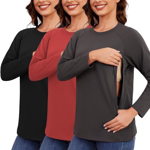 Ecavus 3-Pack Breastfeeding Shirts with Hidden Zippers Comfort and Soft Nursing Shirts for Women