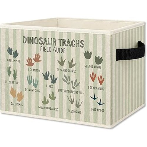 Dinosaur Nursery Foldable Storage Bins Box with Handles, Green Striped Dinosaur Tracks Footprints Playroom Collapsible Organizer Basket for Kids Room Bedroom Bathroom Clothes Toys Books