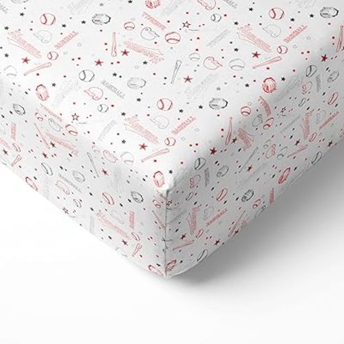 Bacati - Sports Silky Soft Breathable 100% Cotton Muslin Baby Crib Fitted Sheet - Fits Standard 28 x 52 x 5 Crib & Toddler Mattresses (Red/Grey Baseball)