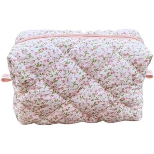 Cotton Quilted Makeup Bag Coquette Accessories Make up Bag Organizer Cute Floral Cosmetic Pouch Travel Makeup Bag for Women (Little Roses)