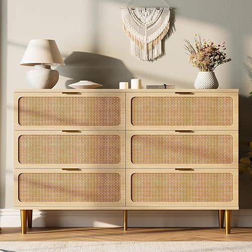 GarveeHome Rattan 6 Drawer Dressers for Bedroom, Deep Drawer, Natural