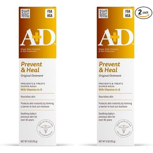 A+D Original Diaper Rash Ointment Prevents & Treats Diaper Rash, Moisturizing Skin Protectant with Vitamins A & D, Healing Skin-Ointment for Dry and Cracked Skin 4oz (Pack of 2)