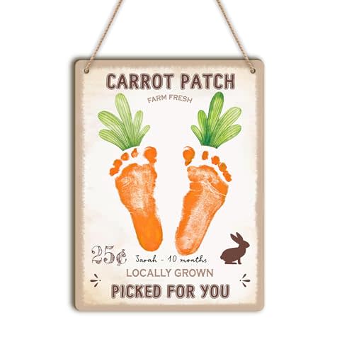 Baby's First Easter Footprint DIY Wooden Hanging Sign, Baby's 1st Easter Art Craft Gifts, My First Holiday Milestone Signs, Farm Fresh Carrot Patch Baby Footprint Easter Decor Sign, School Activity
