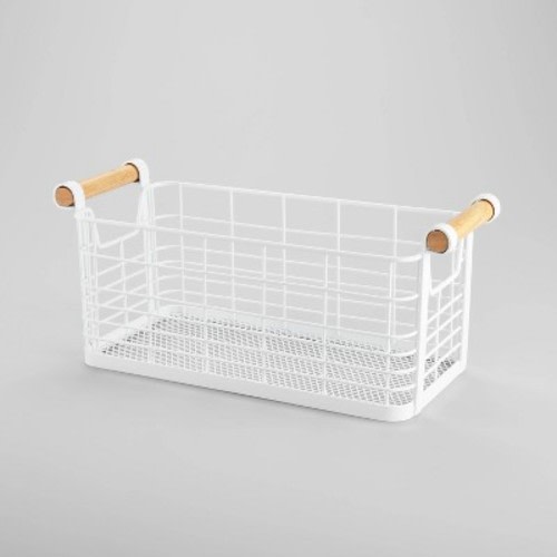 6.25 '' x 13.75" x 6" Small Rectangular Wire Natural Wood Basket with Handles White - Brightroom™