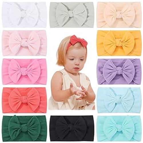 jollybows 12pcs Baby Nylon Headbands With Bow Elastic Hairband For Girls Newborn Infant Toddlers Kids Hair Accessories- Soft Light Color Set