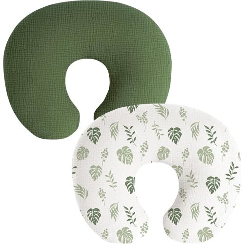 Muslin Nursing Pillow Covers, 2 Pack, Soft & Adorable Slipcovers with Zipper Closure, 100% Cotton Covers for Breastfeeding Pillows (Leaf, Green)