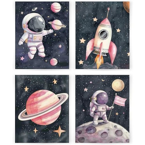 YQDEJ Space Nursery Wall Decor - Spaceman Rocket Wall Art Prints Set of 4, Perfect for Boys Room, Classroom or Playroom, 8x10 Unframed