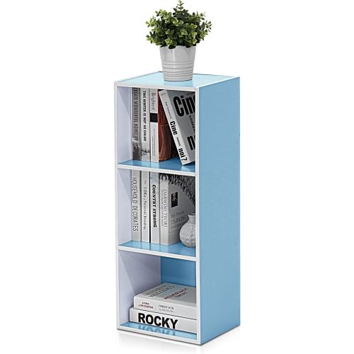 Furinno LUDER Book Shelf, 3-Cube Bookshelf, Bookcase, 9.3" x 12" x 31.5", for Living Room, Bedroom, Home Office, White/Light Blue
