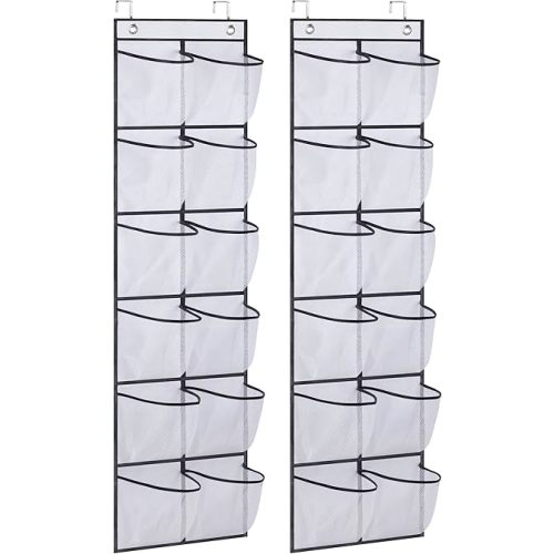 MISSLO Over The Door Shoe Organizer 12 Large Mesh Pockets Hanging Narrow Closet Door, White, 2 Pack
