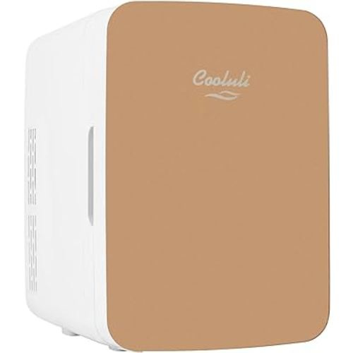 Cooluli 10L Mini Fridge for Bedroom - Car, Office Desk & College Dorm Room - 12v Portable Cooler & Warmer for Food, Drinks, Skincare, Beauty & Makeup - AC/DC Small Refrigerator with Glass Front, Gold