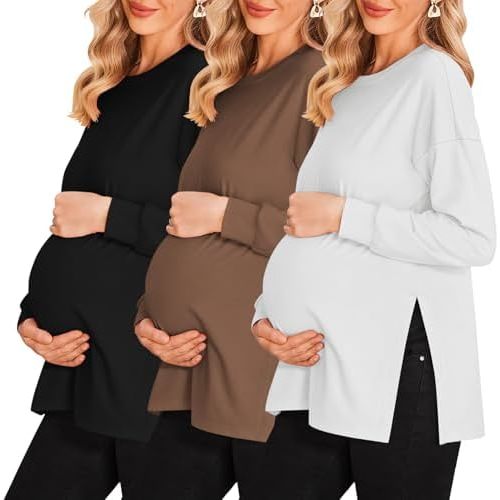 Ekouaer Womens 3 Packs Maternity Shirts Long Sleeve Side Ruched Pregnancy Tee Workout Top Tunic Blouse Mama Clothes