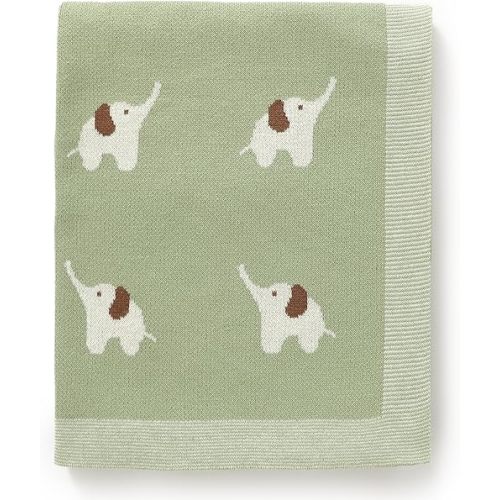 Hadetoto 100% Cotton Baby Blanket Knit Soft Cozy Swaddle Receiving Blankets Toddler Infant Blanket with Lovely Elephant for Newborn Boy Girls - Light Green, 90 x 70cm