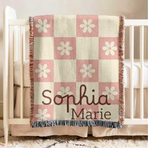 Personalized Name Blanket Girls Custom Baby Shower Gift Newborn Keepsake Gift Checkered Nursery Decor Pink Floral Baby Blanket Woven Cotton