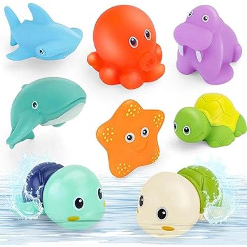 Bath Toys for Kids Ages 1-3, Silicone Bath Toys with Organizer 8pcs Bathtub Toys for Toddlers 2-4 Boys Girls Swimming Turtle Wind Up Toys Water Pool 0-6-12-18 Christmas Shower Gifts
