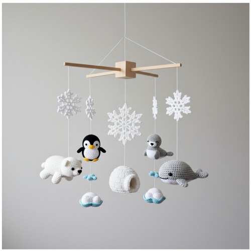 Personalized Crochet Baby Mobile,Penguin Zen Garden Nursery Decor,Cute Gift Penguins Lounge With Polar Bear On Icebergs Crochet Baby Mobile