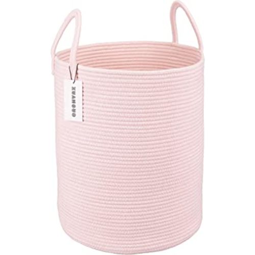Cotton Rope Laundry Basket Hamper for Girls Kids Baby Nursery Hamper Bin Woven Storage Basket for Living Room Girls room Boho Tall Rope Baskets for Blanket Toys Large light pink